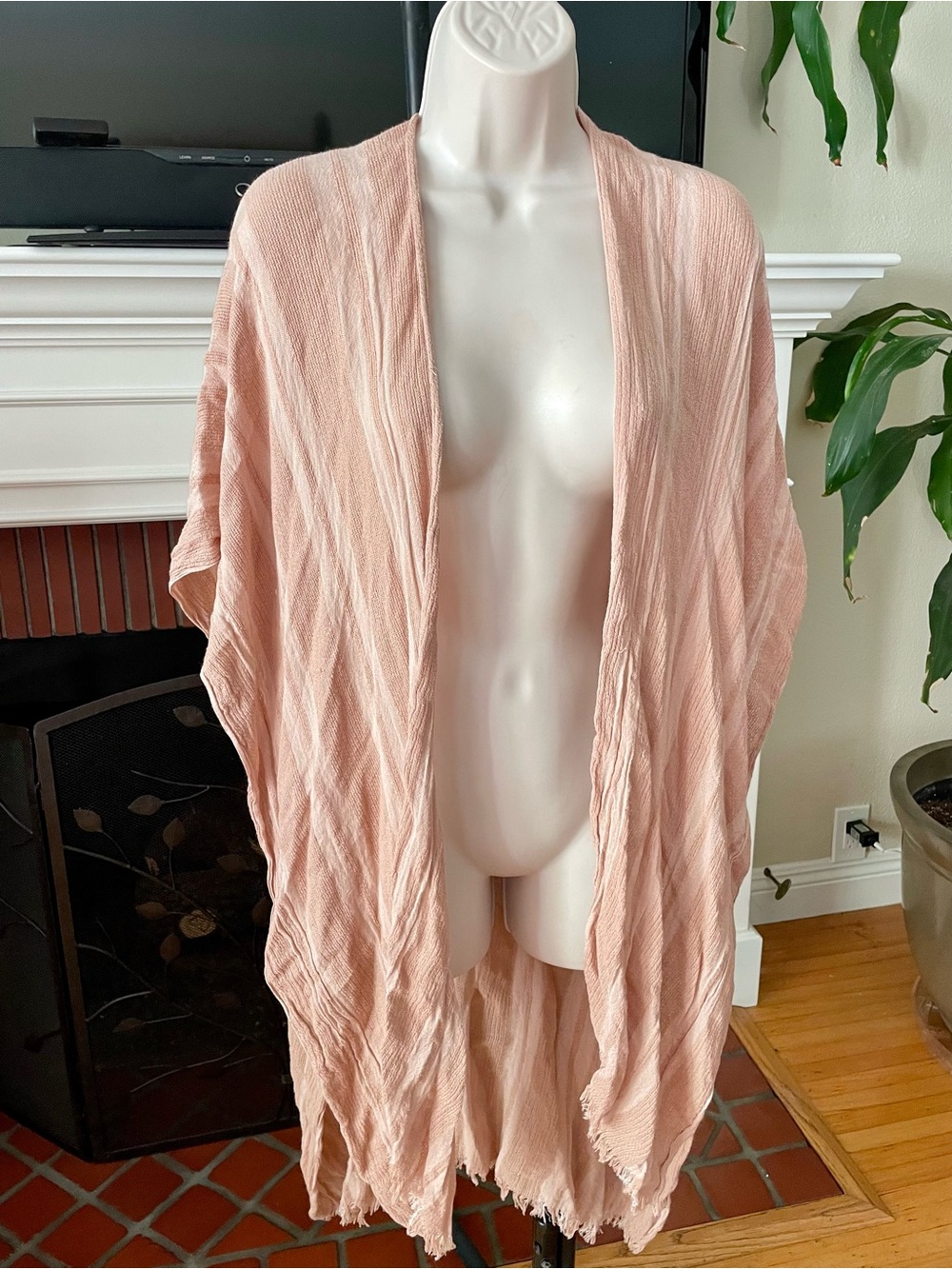FREE PEOPLE Beige Pink Shawl Wrap *Raw Hem BOHO *one size